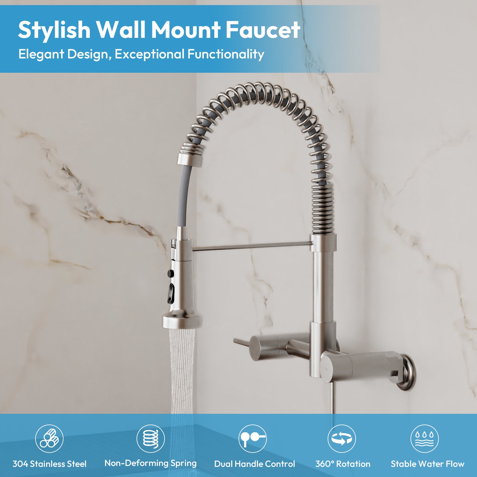 Besdor Wall Mount Kitchen Faucet with Pull Down Sprayer, Stainless Steel, Brushed Nickel